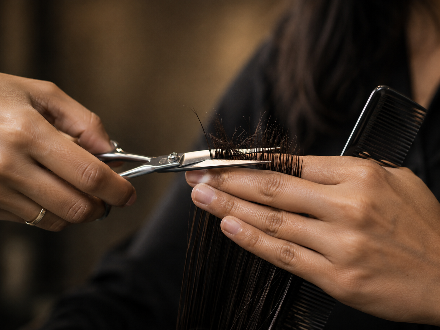 Close-up of scissor work on a section of hair at Satyam Salon & Academy